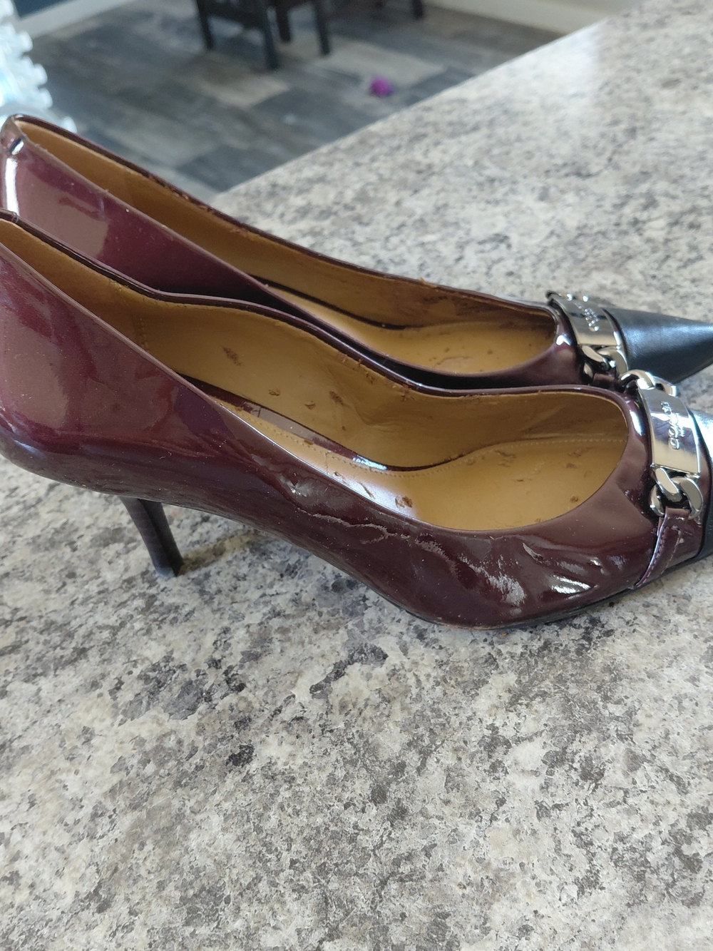 Coach Burgundy Patent Leather Pointed-Toe Kitten Heels with Black Cap Toe